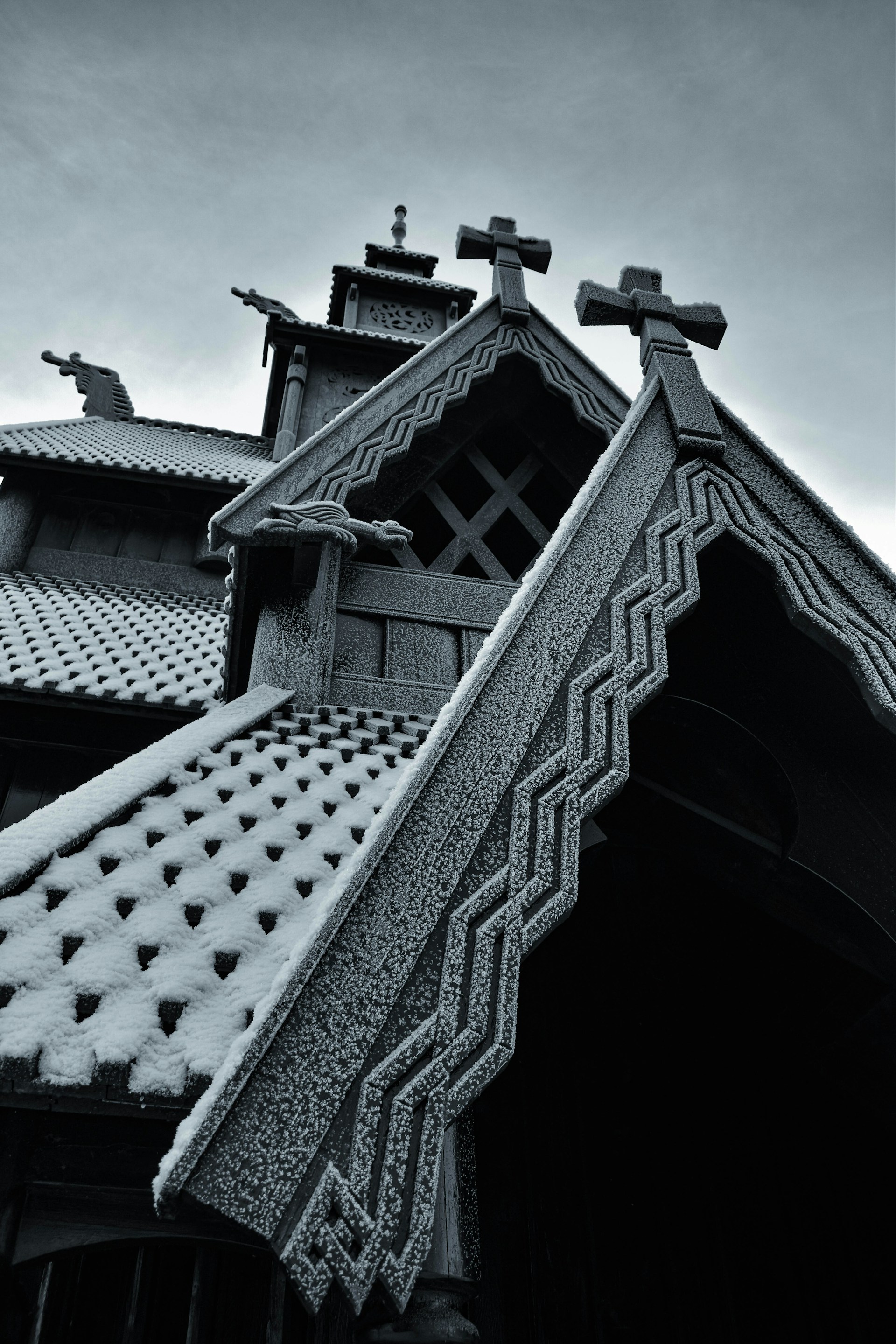 Tiered roof and tarred wooden shingles at Gol Stave Church