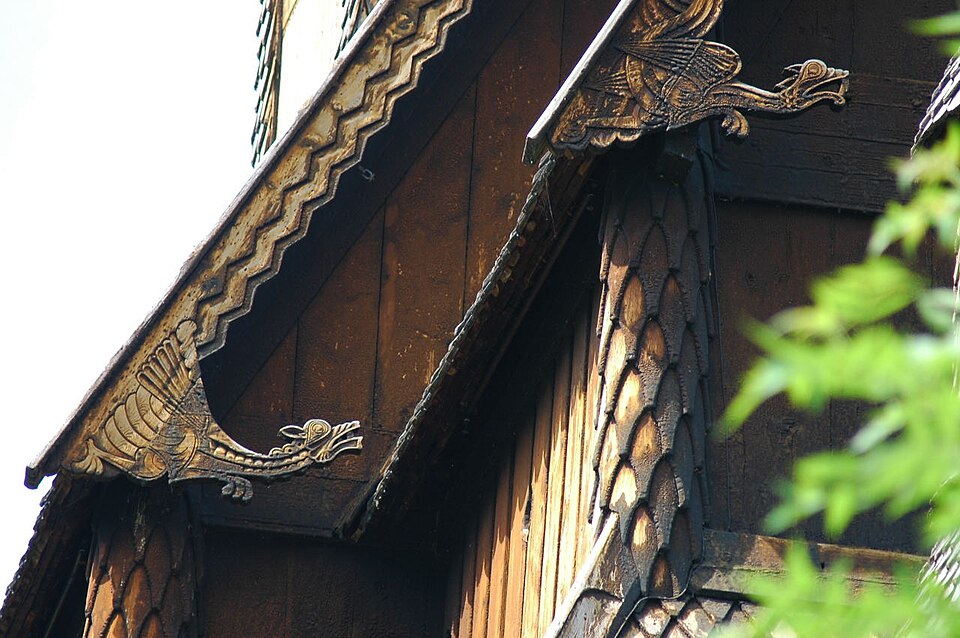 Carved roof details at Hopperstad