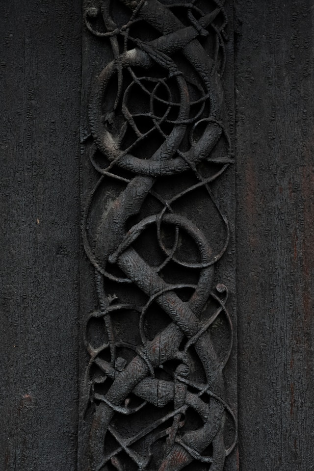 Urnes style wood carvings at the north portal